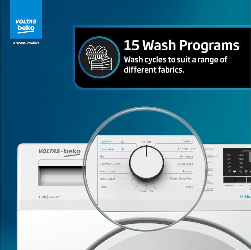 Voltas Beko, A Tata Product 7 Kg 5 Star Inverter, Quick 14-Min Wash Fully Automatic Front Load Washing Machine (WFL7012B7JVBKA/WXV, White, Inbuilt Heater/Hygiene Steam/Digital Display)