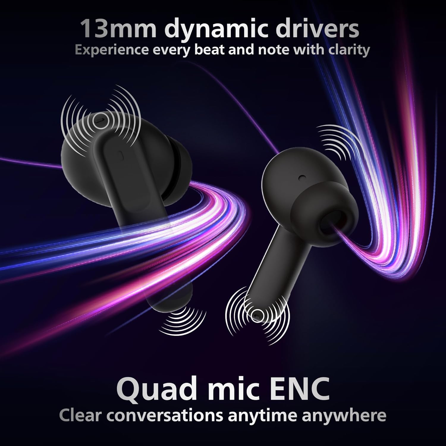 PHILIPS TAT1050WT/94 Truly Wireless Earbuds with ANC, Quad Mic ENC, Up to 50 Hr Playtime, 13mm Neodymium Drivers, Multipoint, IPX5 Water Resistance, Fast Charging, Ultra Low Latency (Deep Black)