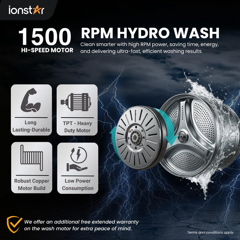 Ionstar 7 Kg Semi Automatic Washing Machine - 5 Star Rated - 2025 - Top Load - Jet Pulsator - Magic Filter - Special Air Dryer - Buzzer - Wheels - Powerful Copper Motor - 1500 RPM (STAR70-AQUA-G)