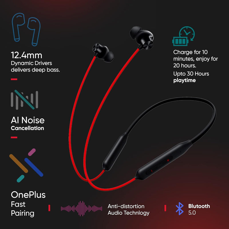 OnePlus Bullets Z2 Bluetooth Wireless in Ear Earphones with Mic, Bombastic Bass, 10 Mins Charge - 20 Hrs Music, 30 Hrs Battery Life (Acoustic Red)