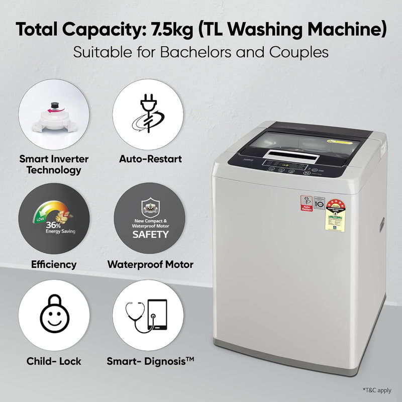 LG 7.5 Kg 5 Star Smart Inverter Fully-Automatic Top Load Washing Machine Appliance (T75SKSF1Z, Middle Free Silver, TurboDrum | Smart Motion)