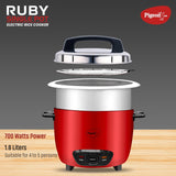 Pigeon by Stovekraft Ruby Rice Cooker with Single pot, 1.8 litres.(Red) | Stainless Steel Lid | 700 Watts | 1 Aluminium Cooking Pot | Measuring Cup| Spatula | Energy Efficient Cooking