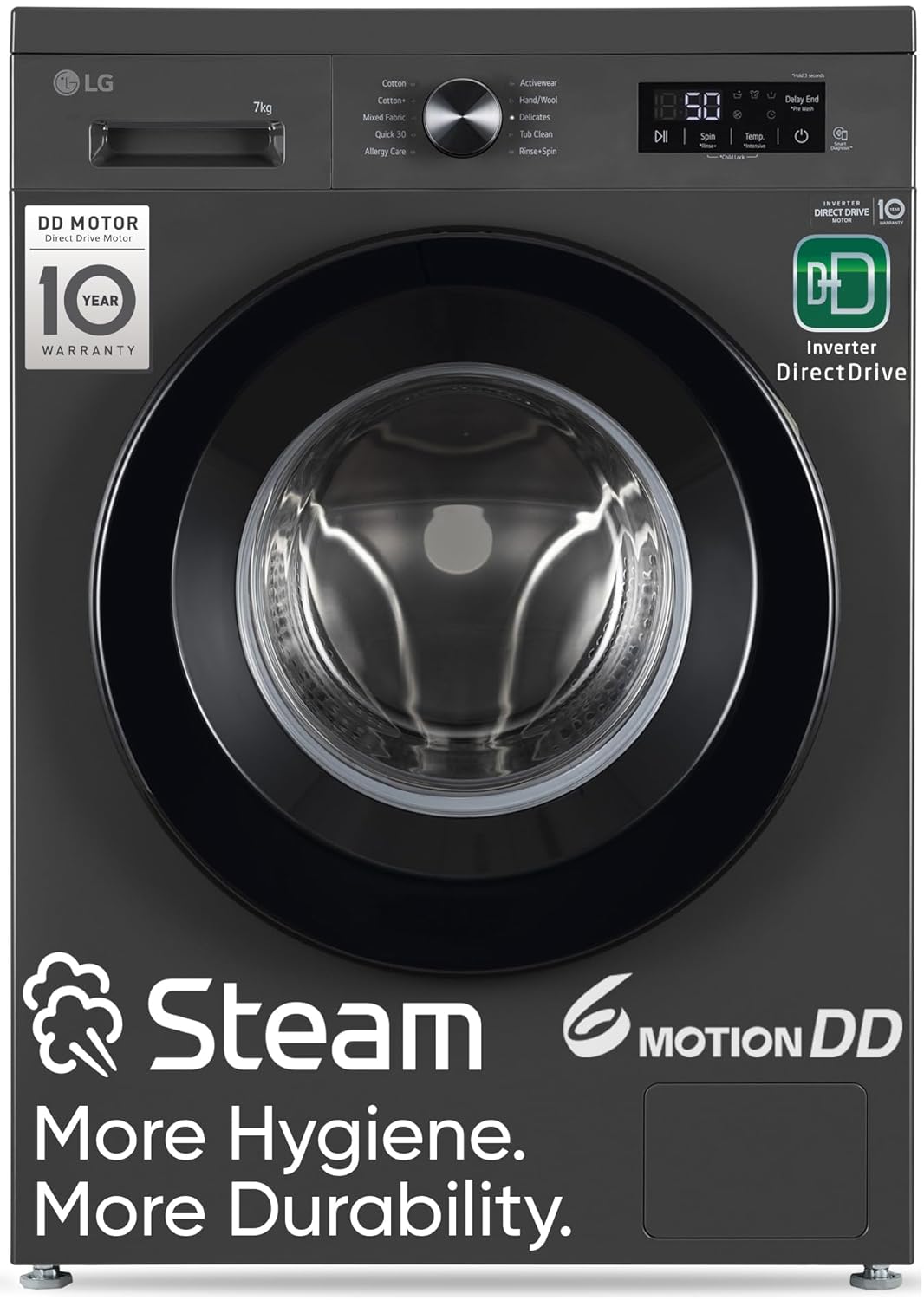 LG 7 Kg, 5 Star, Direct Drive Technology, Steam Wash, 6 Motion DD, Fully-Automatic Front Load Washing Machine (FHB1207Z2M, Allergy Care, In-Built Heater, Touch Panel, Middle Black)