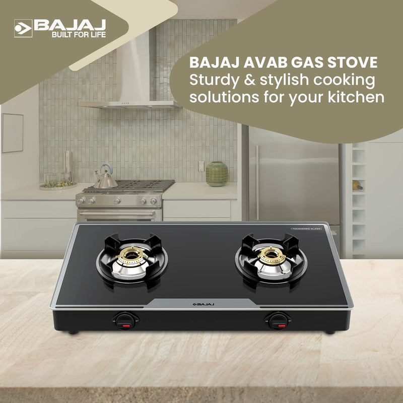 Bajaj 2Brgp7 Stainless Steel Glass Top Gas Stove with 2 Brass Burners, Isi Certified, Anti-Viral & Anti-Bacterial Coating, Black, Regular, Open