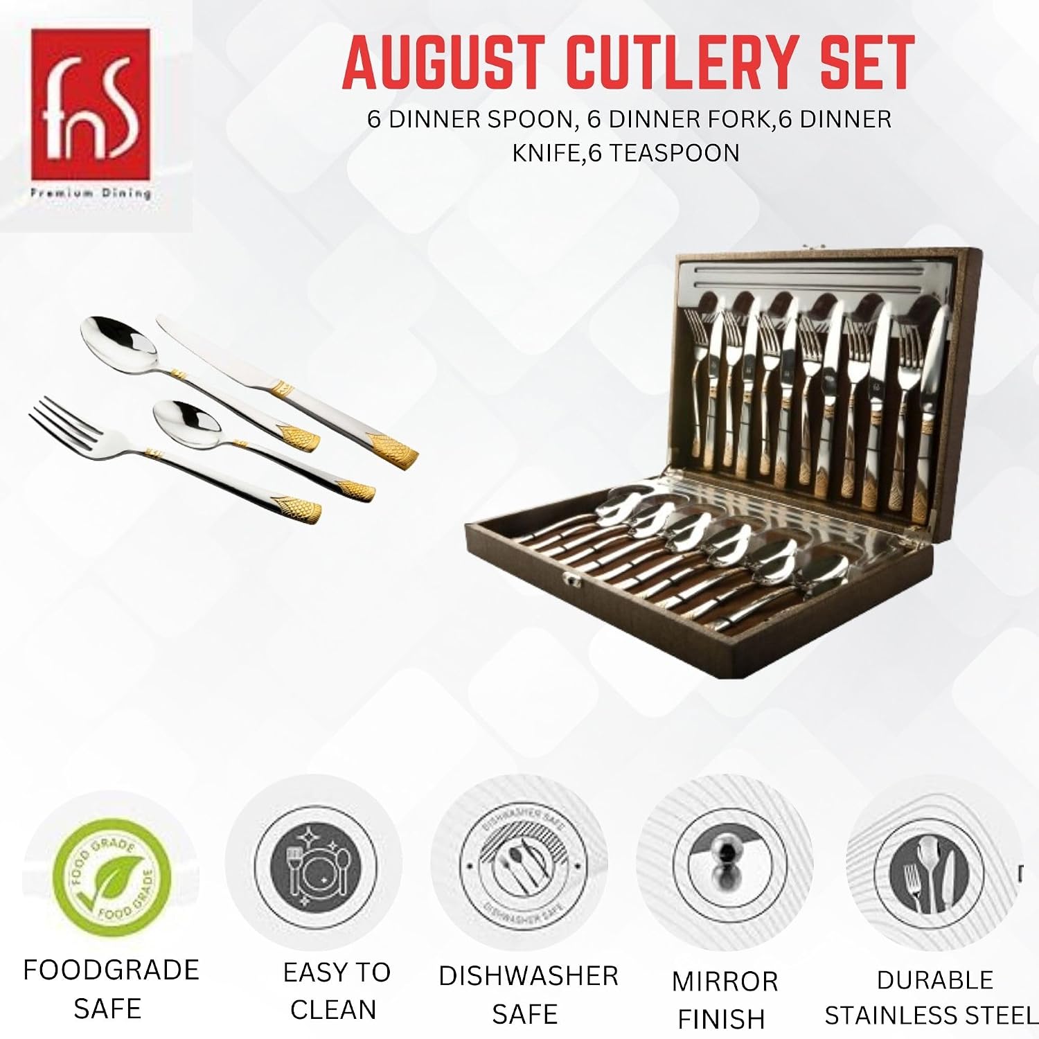 FnS Victoria 24 Pieces Stainless Steel Cutlery Set with Leatherette Gift Box | 6 Pieces Each Dinner Spoons, Dinner Forks, Tea Spoons & Butter Knives | Round Handle Flatware Set