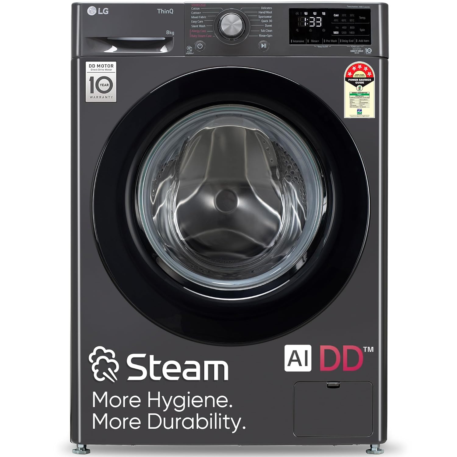 LG 8 Kg, 5 Star, AI Direct Drive Technology, Steam & 6 Motion DD Fully-Automatic Front Load Washing Machine (FHP1208Z3M, Intelligent & Convenient Fabric Care, Allergy Care, Middle Black)