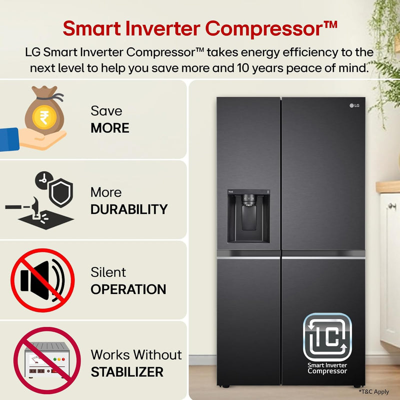LG 630 L, 3 Star, Frost-Free, Double Door, Door Cooling+, Hygiene Fresh+, Smart Inverter, Wi-Fi Convertible Side By Side Refrigerator with AI ThinQ (GL-L257CMC3, Matt Black, Ice & Water Dispenser)