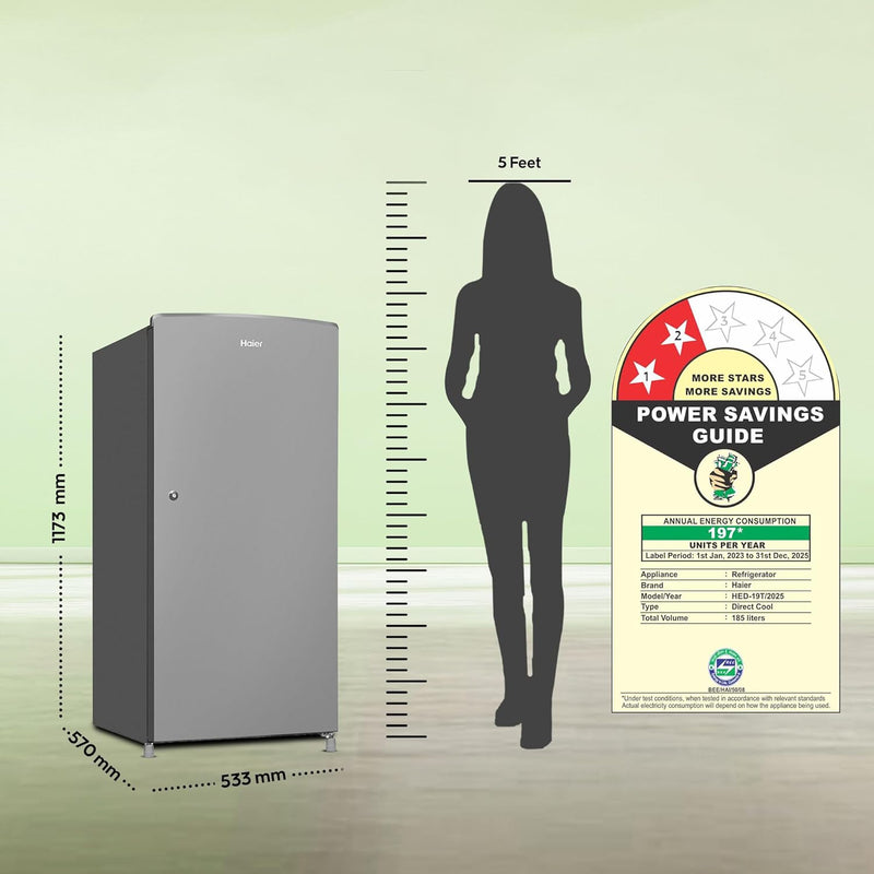 Haier 185L 2 Star Direct Cool Single Door Refrigerator | Toughened Glass Shelves | Large Veg Box | Fast Ice Making | Longer Cooling Retention | Easy Clean Back (HED-19TMS-N, Moon Silver)