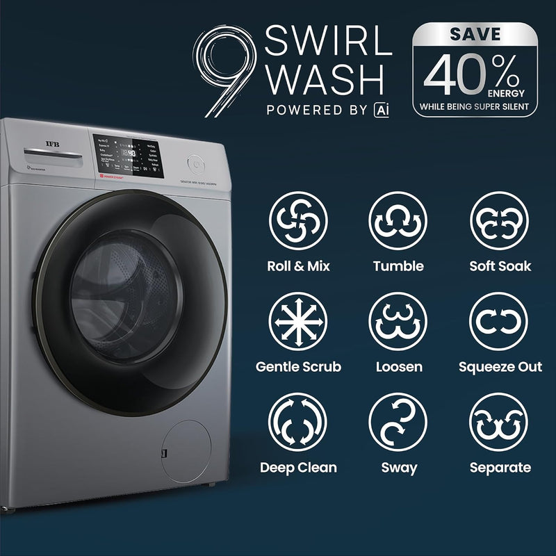 IFB 8 Kg 5 Star with 9 Swirl Wash, AI Powered, Wi-Fi, Fully Automatic Front Load Washing Machine (Senator MSN 8014, Steam Refresh Program with Eco Inverter, Metallic Silver)