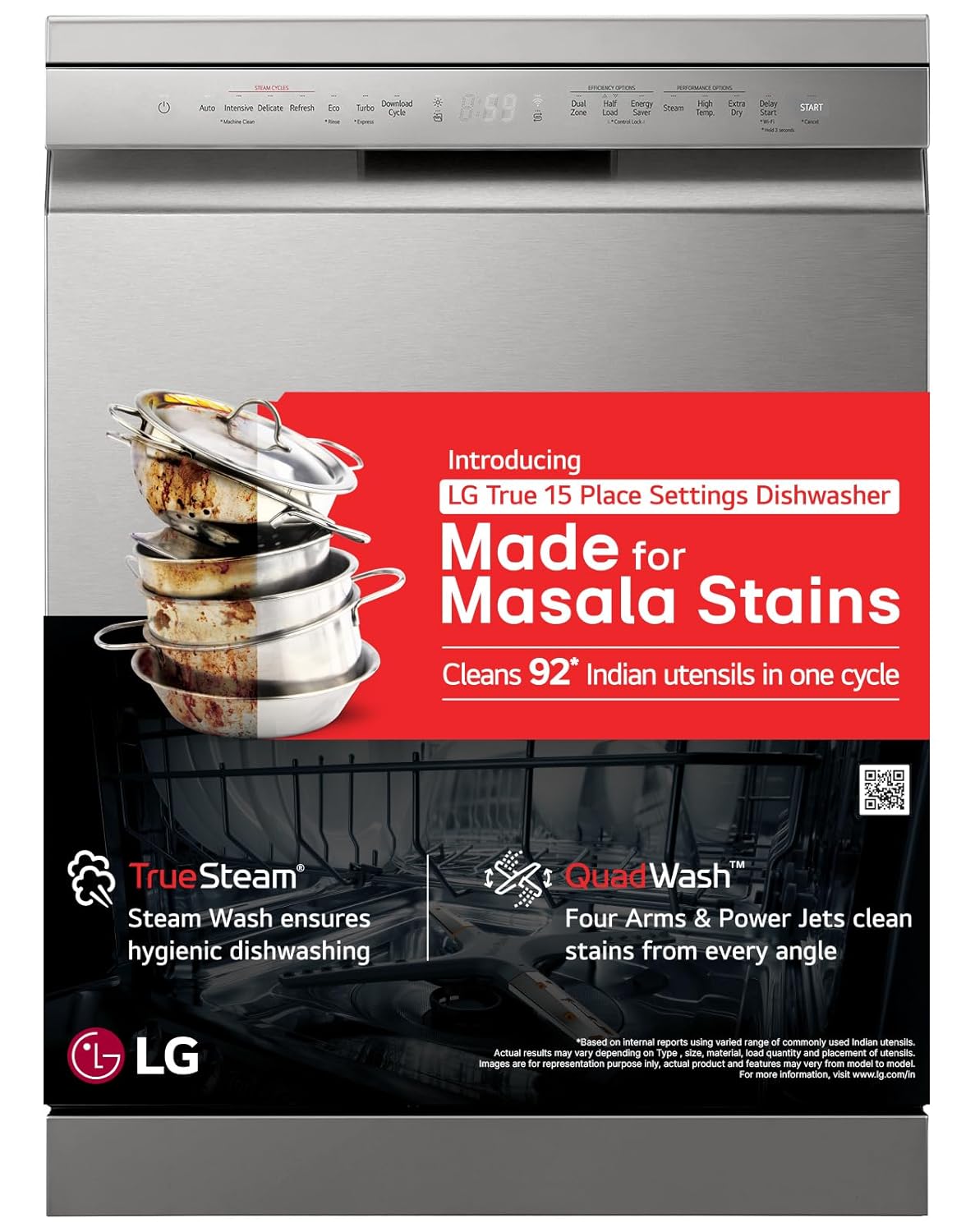 LG 15 Place Setting Dishwasher for Indian Utensils|Cleans Kadhai & Pressure Cooker|TrueSteam & QuadWash Technology|Inverter| Freestanding Dishwasher with Auto Open Door & WiFi (DFB435FV, Prime Silver)