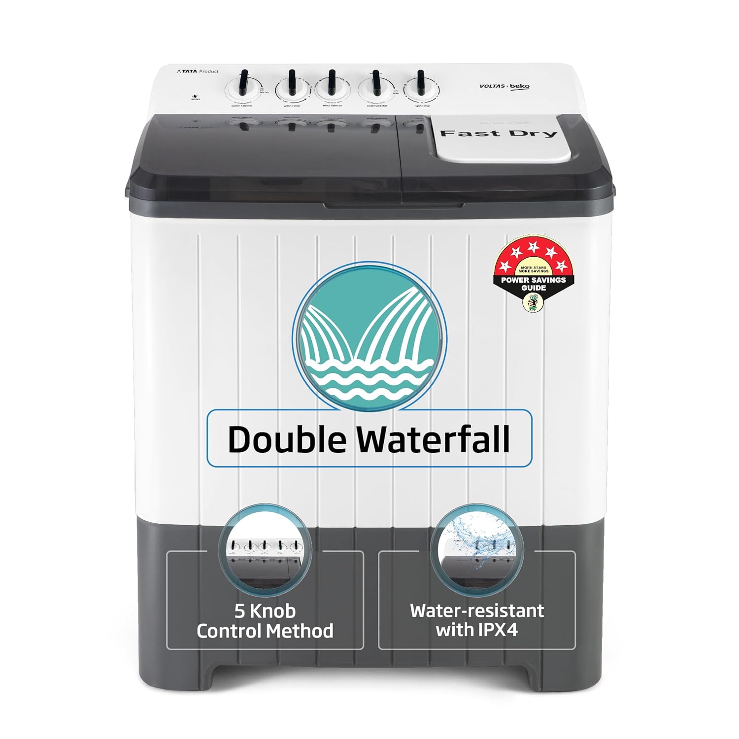 Voltas Beko, A Tata Product 10 Kg 5 Star Semi-Automatic Top Load Washing Machine (WTT100UPA/GR5KPTD, Grey, Special pulsator and Double waterfall Techn