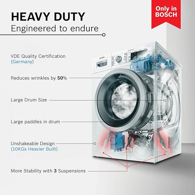 Bosch 8 kg, 5 Star, AI Active Water+, Anti-Tangle, Steam Anti Bacterial, Anti-Wrinkle Fully-Automatic Front Loading Washing Machine (WAJ2826BIN, In-Built Heater, Shiny Silver)