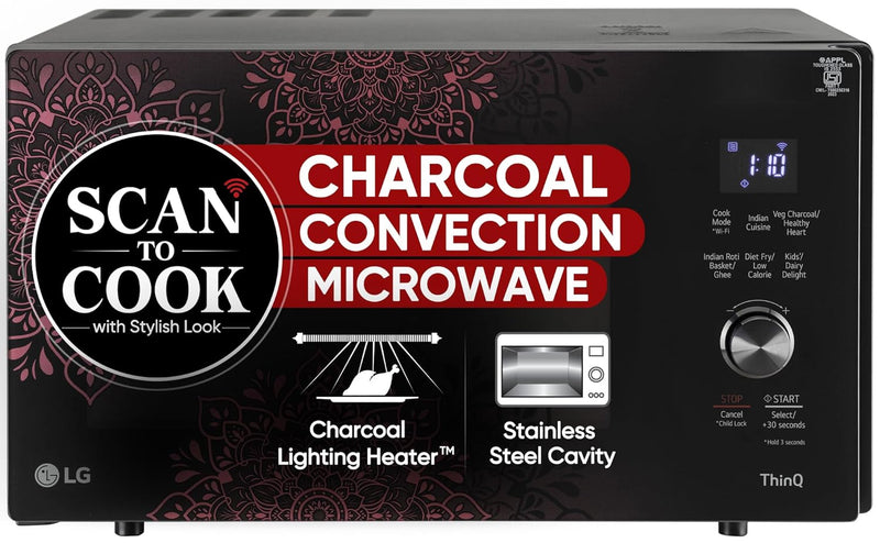 LG 28 L Scan to Cook Wi-Fi Enabled Charcoal Convection Microwave Oven (MJEN286VIW, Black, Stainless steel cavity, Heart Friendly Recipes, Ghee, Diet Fry & 360° Motorised Rotisserie for Bar-be-queing) (Minor Dent)