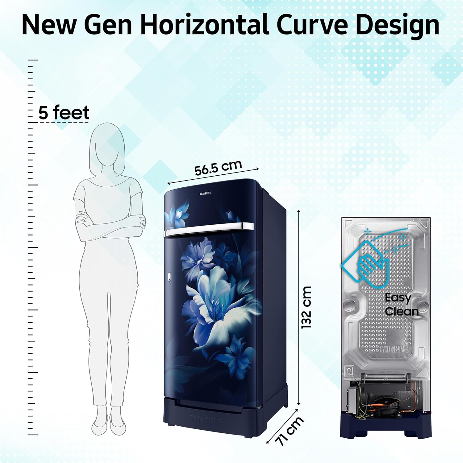 Samsung 189 L, 5 Star, Digital Inverter, Direct-Cool Single Door Refrigerator (RR21H2H25UZ/HL, Midnight Blossom Blue, Base Stand Drawer, Single Touch Defrost, )