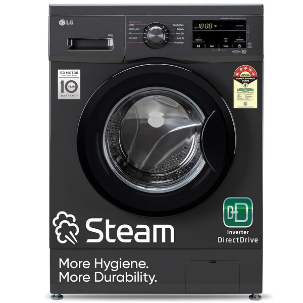 LG 8 Kg 5 Star Inverter Direct Drive Touch Panel Fully Automatic Front Load Washing Machine FHM1408BDM Steam for Hygiene In-Built Heater 6 Motion DD Middle Black