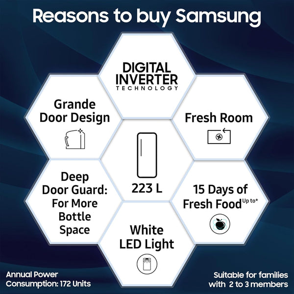 Samsung 223 L, 3 Star Inverter Direct-Cool Single Door Refrigerator (RR24C2723S8/NL, Silver, Elegant Inox)