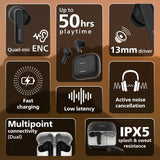 PHILIPS TAT1050WT/94 Truly Wireless Earbuds with ANC, Quad Mic ENC, Up to 50 Hr Playtime, 13mm Neodymium Drivers, Multipoint, IPX5 Water Resistance, Fast Charging, Ultra Low Latency (Deep Black)