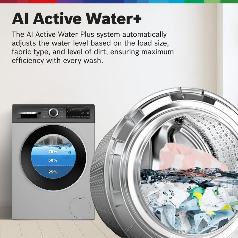 Bosch 9Kg, 5 Star, AI Acitve Water+, Anti Stain, Iron Steam Assist, Anti Tangle Fully-Automatic Front Loading Washing Machine (WGA2420SIN, In-Built Heater, Allergy Plus, Anti Wrinkle, Dark Silver)