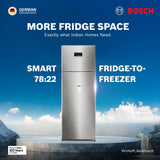 Bosch 368L, 1 Star, Frost Free Double Door Refrigerator with 2.5 L Water Dispenser | 6-in-1 Convertible Storage Modes | Fresh up to 10 Days | Touch Panel | 2 Cooling System (CTC39S21AI, Steel, 2026)