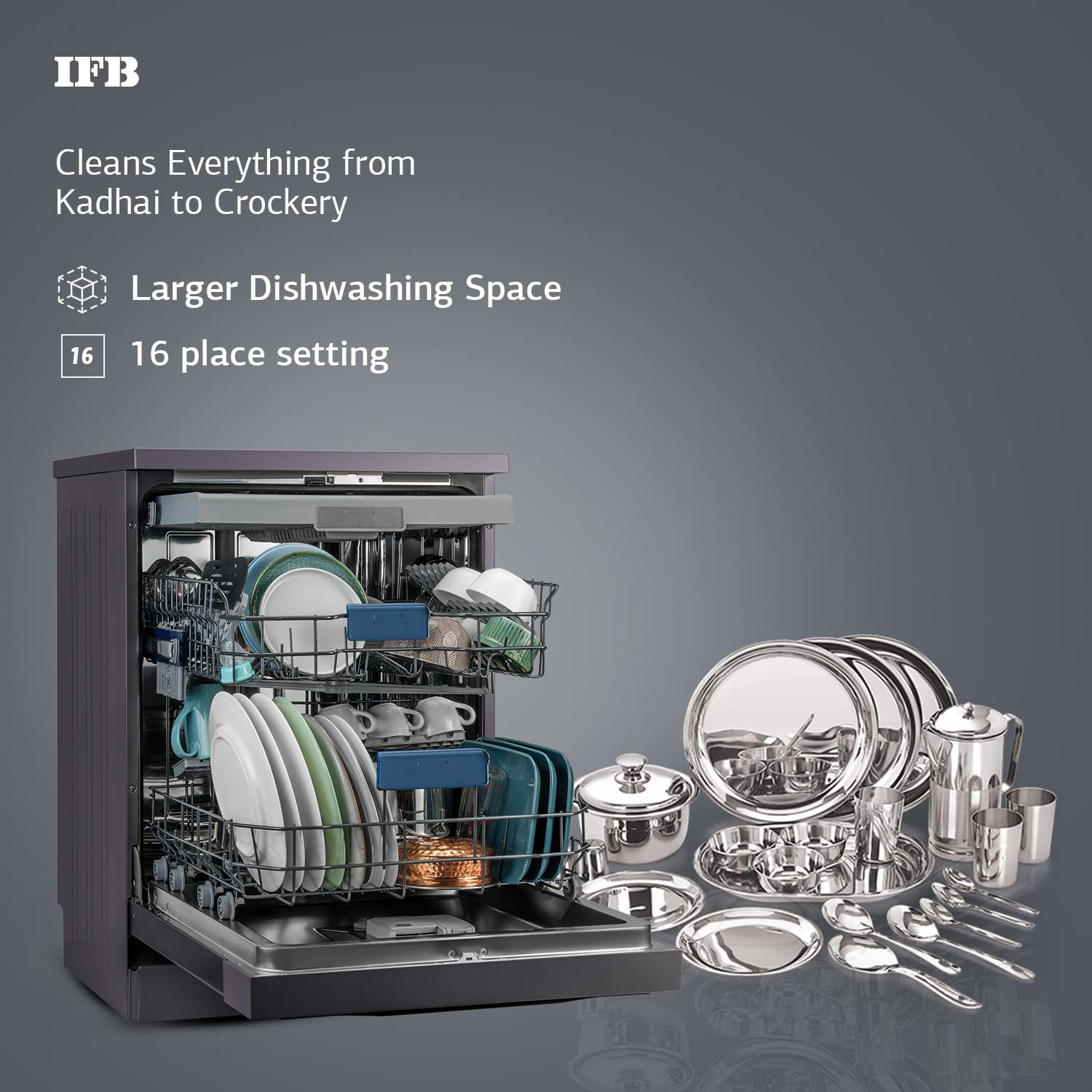 IFB 16 Place Settings with DeepClean Technology Powered by AI Freestanding Dishwasher (Neptune VX16, Inox Grey, Largest Capacity Washes upto 92 Utensils)