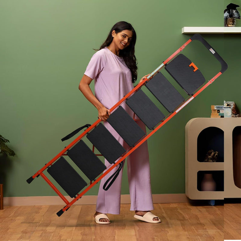 BonKaso Premium Steel Multipurpose Climb Easy Anti-Slip 7-Step Foldable Ladder with Safety Clutch Lock, Support Handle and Tool Tray for Home - (Orang