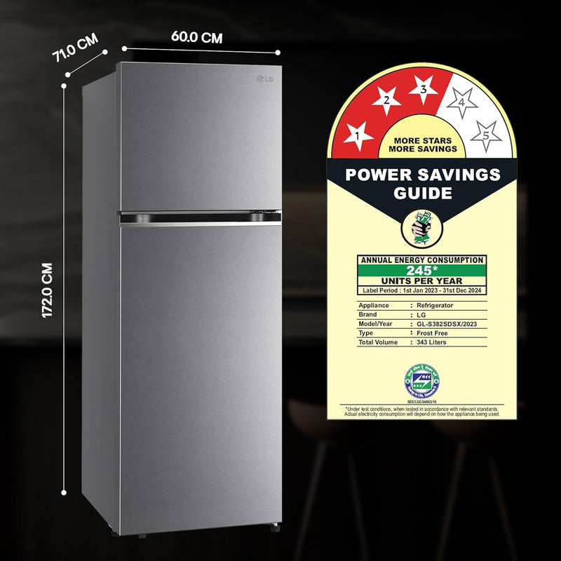 LG 343 L 3 Star Frost-Free Smart Inverter Double Door Refrigerator (2023 Model, GL-S382SDSX, Dazzle Steel, Convertible with Express Freeze)