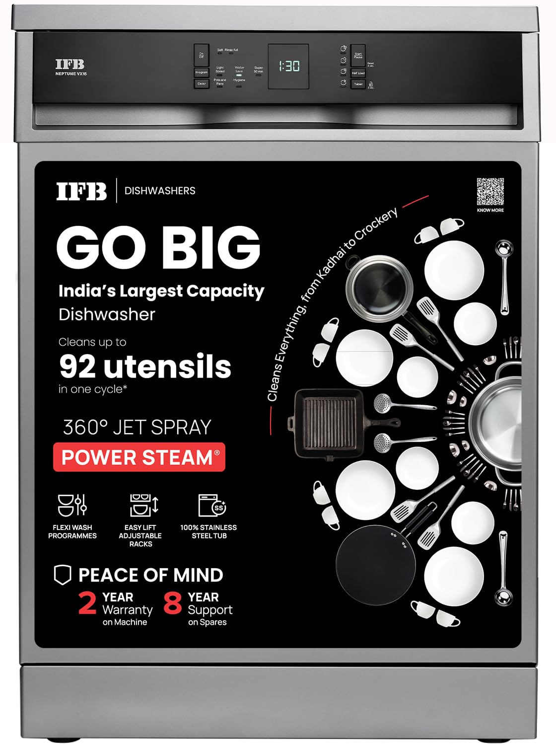 IFB 15 Place Freestanding Dishwasher with DeepClean® Technology, 3rd Cutlery Tray, 70°C Hot Water Wash, Turbo Drying, Anti-Bacterial Filter, Perfect for Indian Utensils (Neptune VX15, Dark Silver)