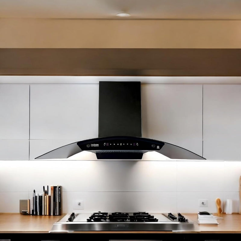 Hindware Smart Appliances DIVINA NEO 90 cm 1200 m³/hr Filterless Auto-Clean Chimney With Metallic Oil Collector, Motion Sensor & Touch Control For Easy Operation 2024 Model (Curved Glass, Black)