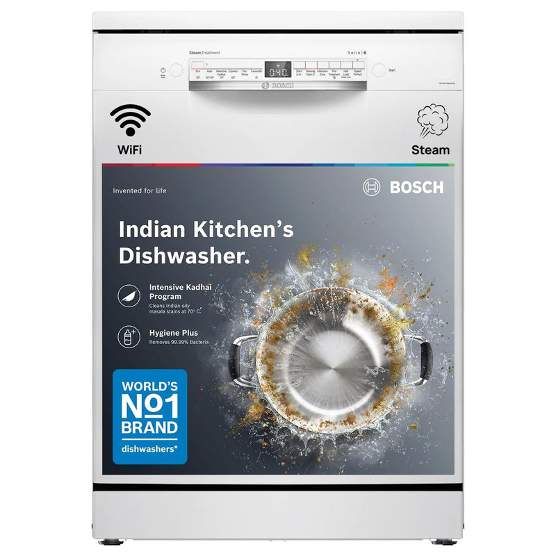 Bosch 14 Place Setting Free Standing Dishwasher for Indian Utensils, WiFi Enabled, Intensive Kadhai Program, Inbuilt Heater, Fits Up to 80 Utensils, White (SMS6IKW01I)