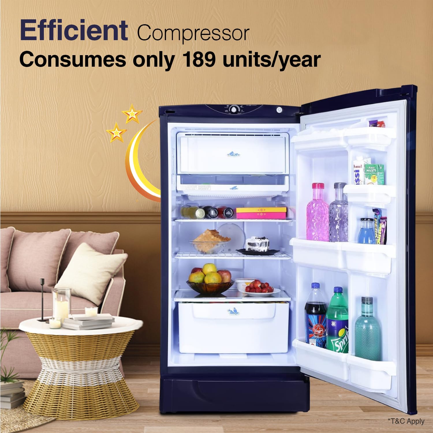 Godrej 180L 2Star Advanced Capillary Technology | Jumbo Vegetable Tray | Wired Shelves | 2.25L Bottle Space | Wide Shelf Space | Direct Cool Single Door Refrigerator (RD EDGE 205B WRF PP BL, Pep Blue)