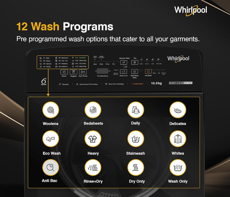 Whirlpool 10 Kg 5 Star MAGIC CLEAN BW PRO Heater Fully Automatic Top Load Washing Machine (MAGIC CLEAN BW PRO H 10 KG Mn GREY 10YMW)