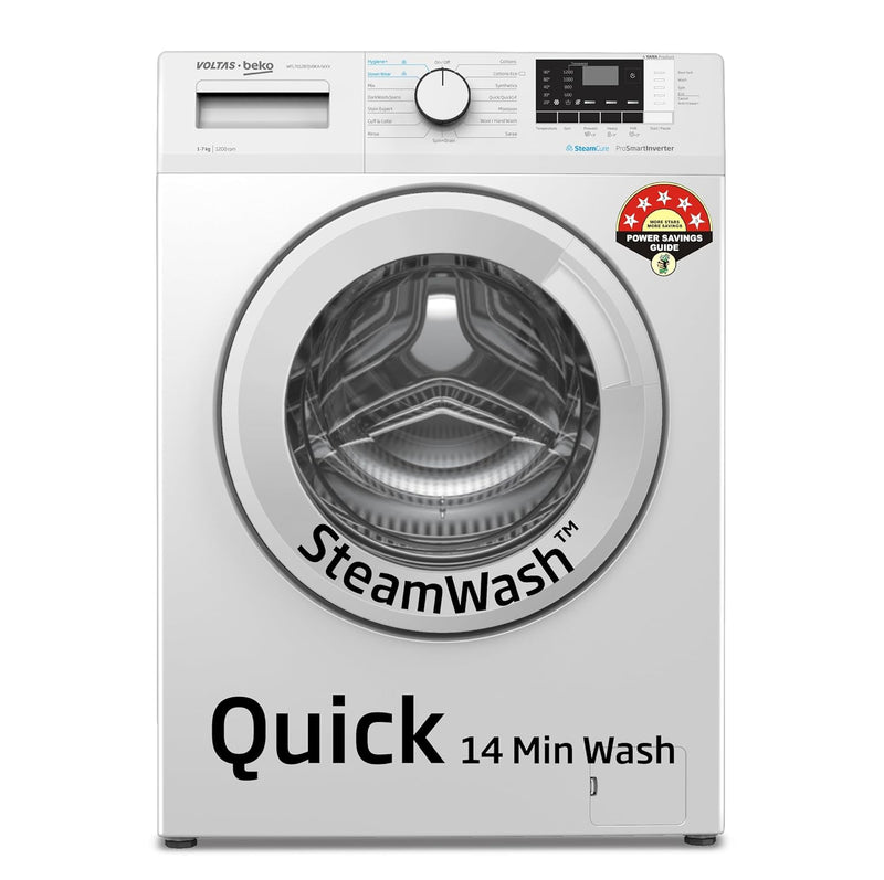 Voltas Beko, A Tata Product 7 Kg 5 Star Inverter, Quick 14-Min Wash Fully Automatic Front Load Washing Machine (WFL7012B7JVBKA/WXV, White, Inbuilt Heater/Hygiene Steam/Digital Display)