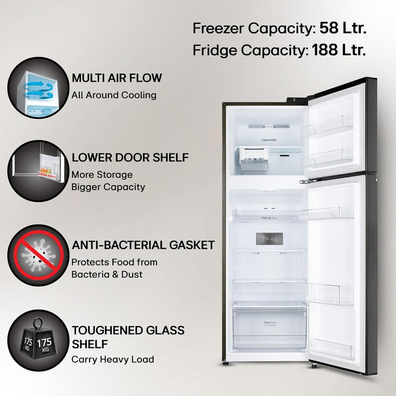 LG 246 L 3 Star Smart Inverter Frost-Free Double Door Refrigerator (, GL-S262SESX, Ebony Sheen, Convertible)
