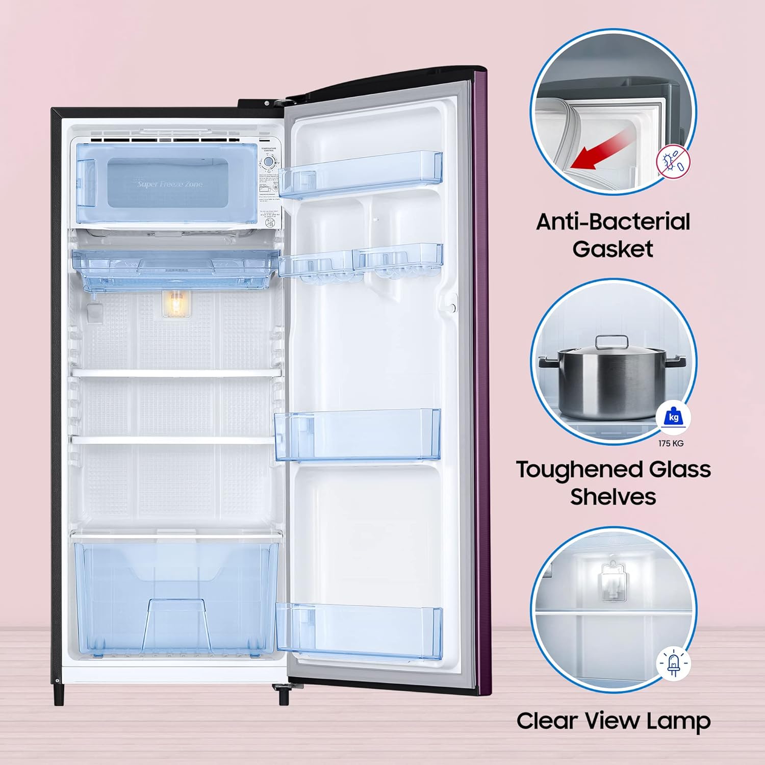 Samsung 183 L, 4 Star, Digital Inverter, Direct-Cool Single Door Refrigerator (RR20C1724CR/HL, Red, Camellia Purple, 2024 Model)