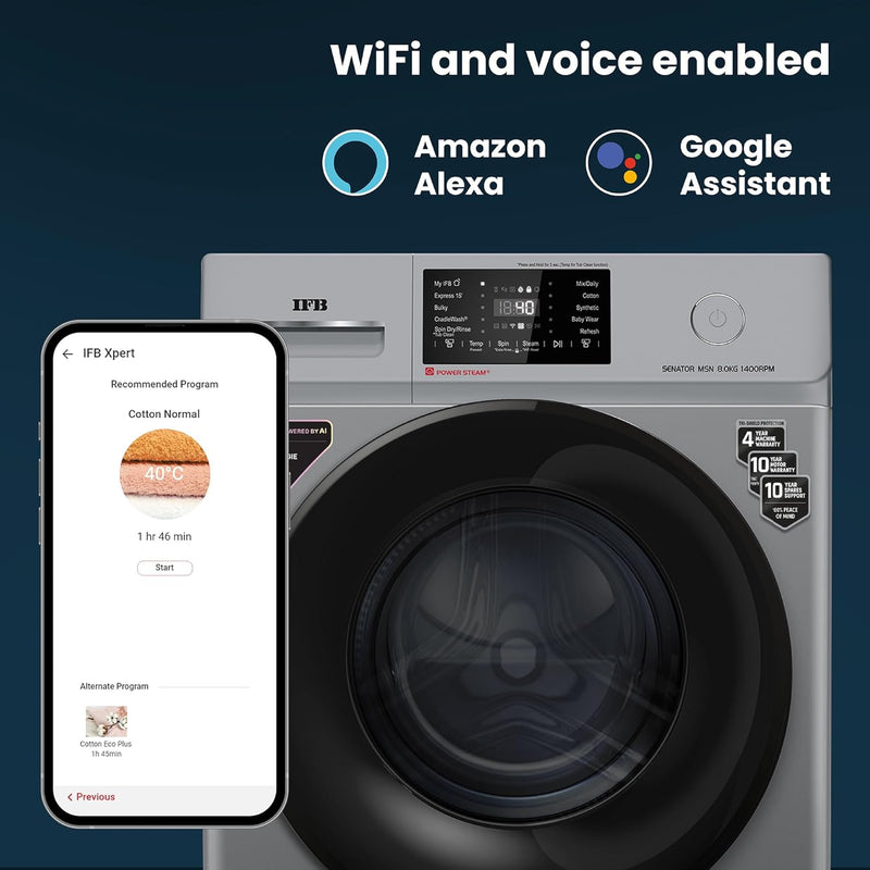 IFB 8 Kg 5 Star with 9 Swirl Wash, AI Powered, Wi-Fi, Fully Automatic Front Load Washing Machine (Senator MSN 8014, Steam Refresh Program with Eco Inverter, Metallic Silver)