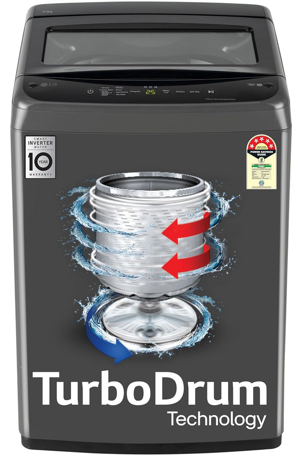 LG 8 Kg 5 Star Smart Inverter Technology Fully Automatic Top Load Washing Machine (T80VBMB4Z, Turbodrum, Auto Prewash, Stainless Steel drum, LED Display)(Touched Up)