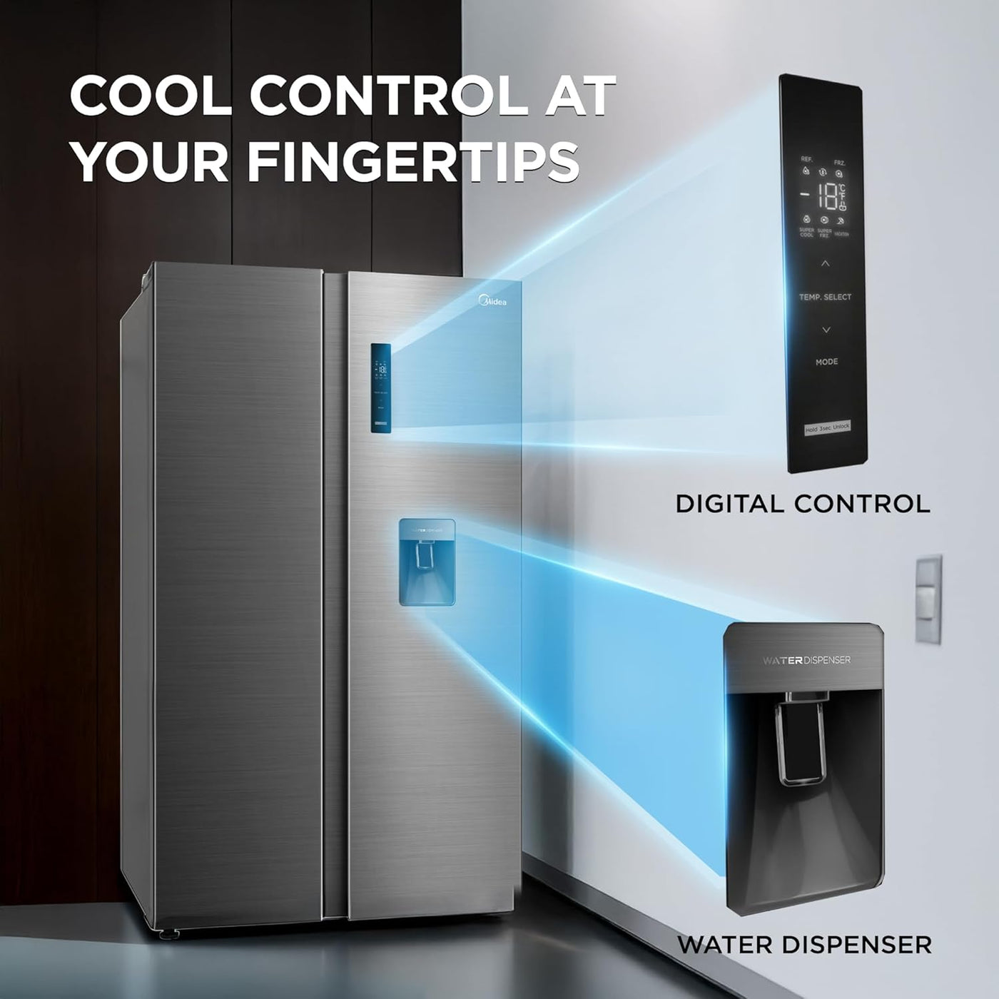 Midea 560L Side by Side Refrigerator — Inverter Compressor & Water