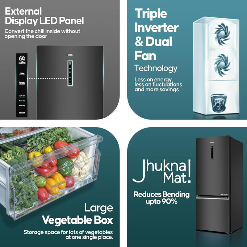 Haier 355 L, 3 Star, Convertible 14-in-1, Triple Inverter & Fan Motor Technology, Bottom Mounted Double Door Refrigerator (HEB-363MB-P, Graphite Black,)