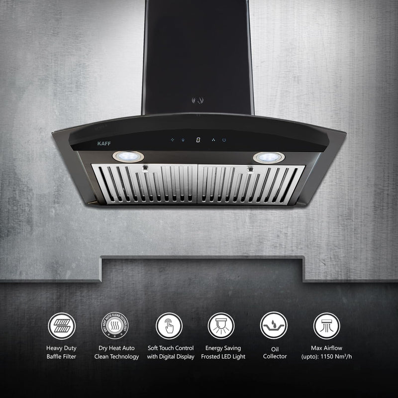 KAFF 60 CM Auto Clean Curved Glass Kitchen Chimney, 1150 m3/hr Suction Capacity with Motion Sensor, Touch Control, Heavy Duty Baffle Filter (LIZ DHC 60, Black)