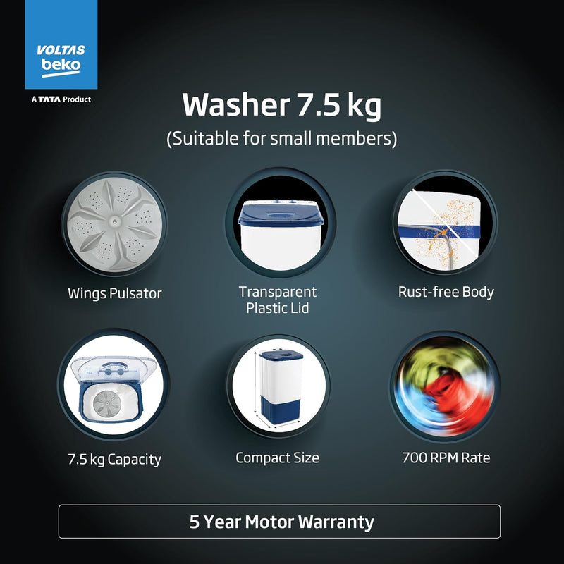 Voltas beko, A Tata Product 7.5 kg Semi-Automatic Top Load Single Tub Washing Machine (WST75UC/BLSSWH2PTD, Blue, Pulsator wash method)