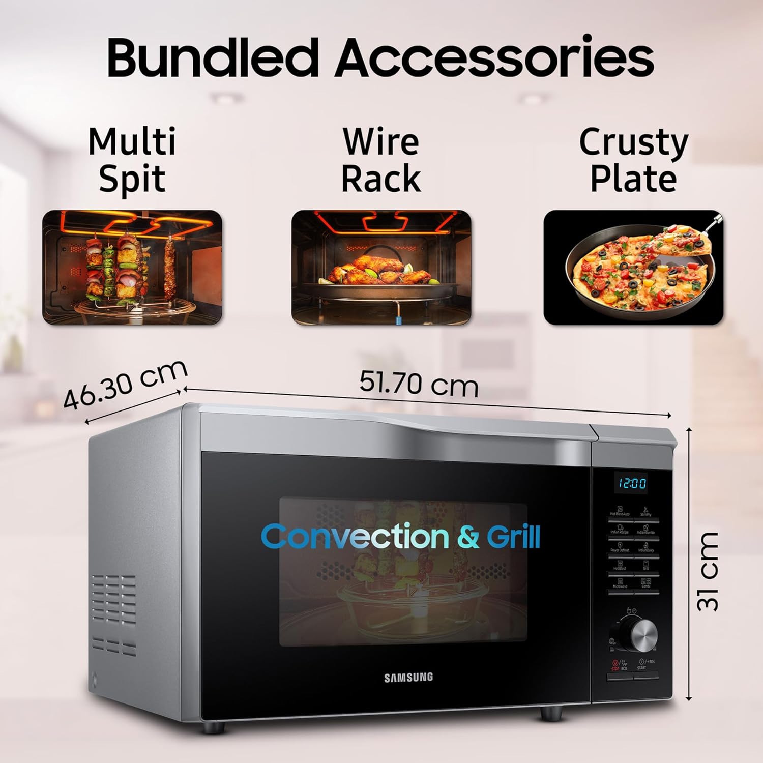 Samsung 28L Multi Spit, Convection Microwave Oven (MC28A6035QS/TL, Silver, Various Cooking Modes, Eco Mode, Hotblast, Crusty Plate, Wire Rack, Slim Fry, Ceramic Enamel Cavity)