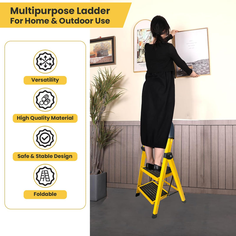 Asian Paints TruCare 2-Steps Trendy Steel Ladder, Foldable Ladder for Home & Office use, Durable, Wide, Anti-Skid, Lightweight & Easy to Carry, with 5