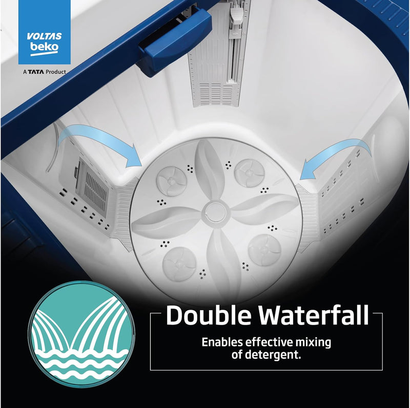 Voltas Beko, A Tata Product 8.5 Kg 5 Star Semi-Automatic Top Loading Washing Machine (2024 Model, WTT85UHA/OK5I0I0W01, Blue, Air Dry & Pulsator wash technology)