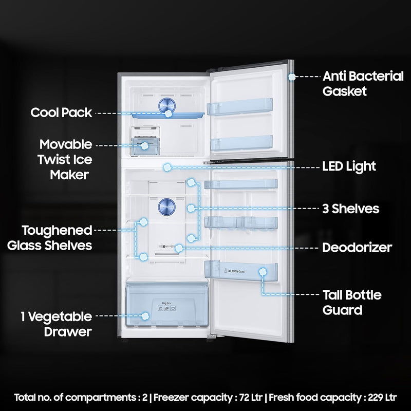 Samsung 301 L, 3 Star, Convertible 5-in-1 Digital Inverter, with Display Frost Free Double Door Refrigerator (RT34C4523S9/HL, Silver, Refined Inox, 2023 Model)