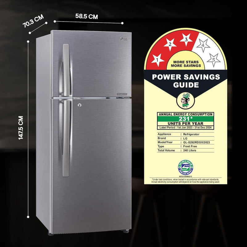 LG 240 L 3 Star Frost-Free Smart Inverter Double Door Refrigerator (GL-S292RDSX, Dazzle Steel, Convertible & Multi Air Flow Cooling)