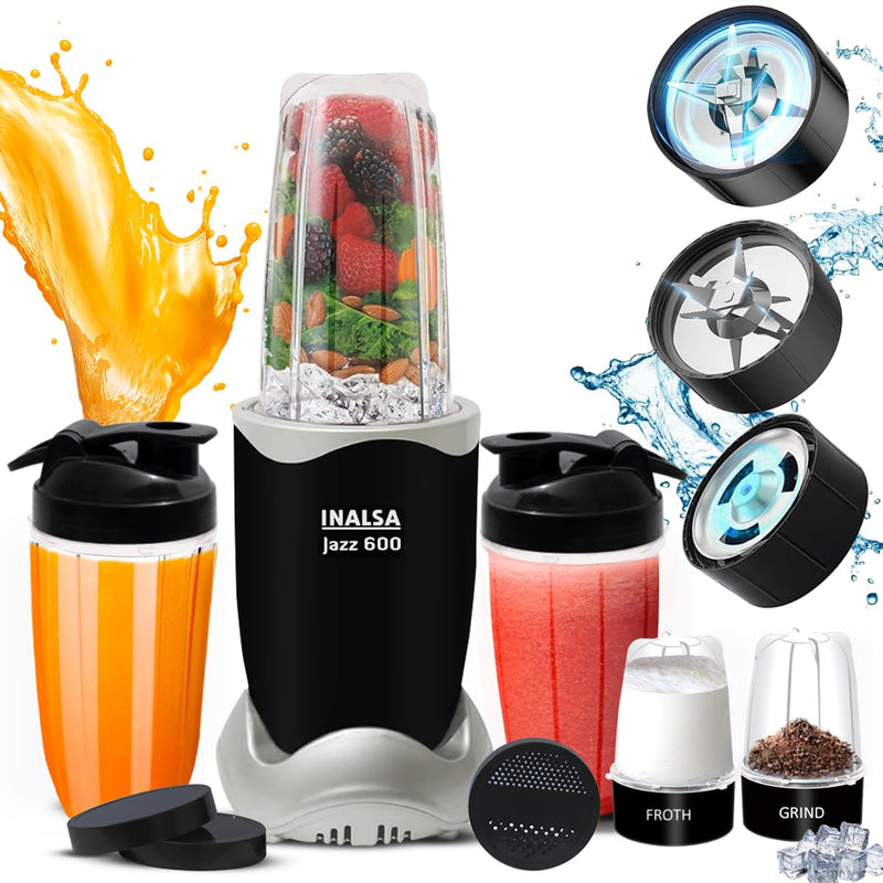 INALSA Blender Mixer Grinder|5 Jar & 600W Copper Motor| Blenders for Smoothies and Juices| Smoothie MakerBlender NutriBlender 3 Blades Including Froth Blade 2Yr Warranty,Jazz 600