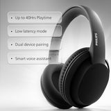 PHILIPS TAH4050 Wireless Bluetooth Headphones with Mic, 40mm Dynamic Drivers, Bluetooth 6.0, Up to 30H Playtime, Dual Device Pairing, USB-C Fast Charging, AUX Support, Over-Ear Headset, Black