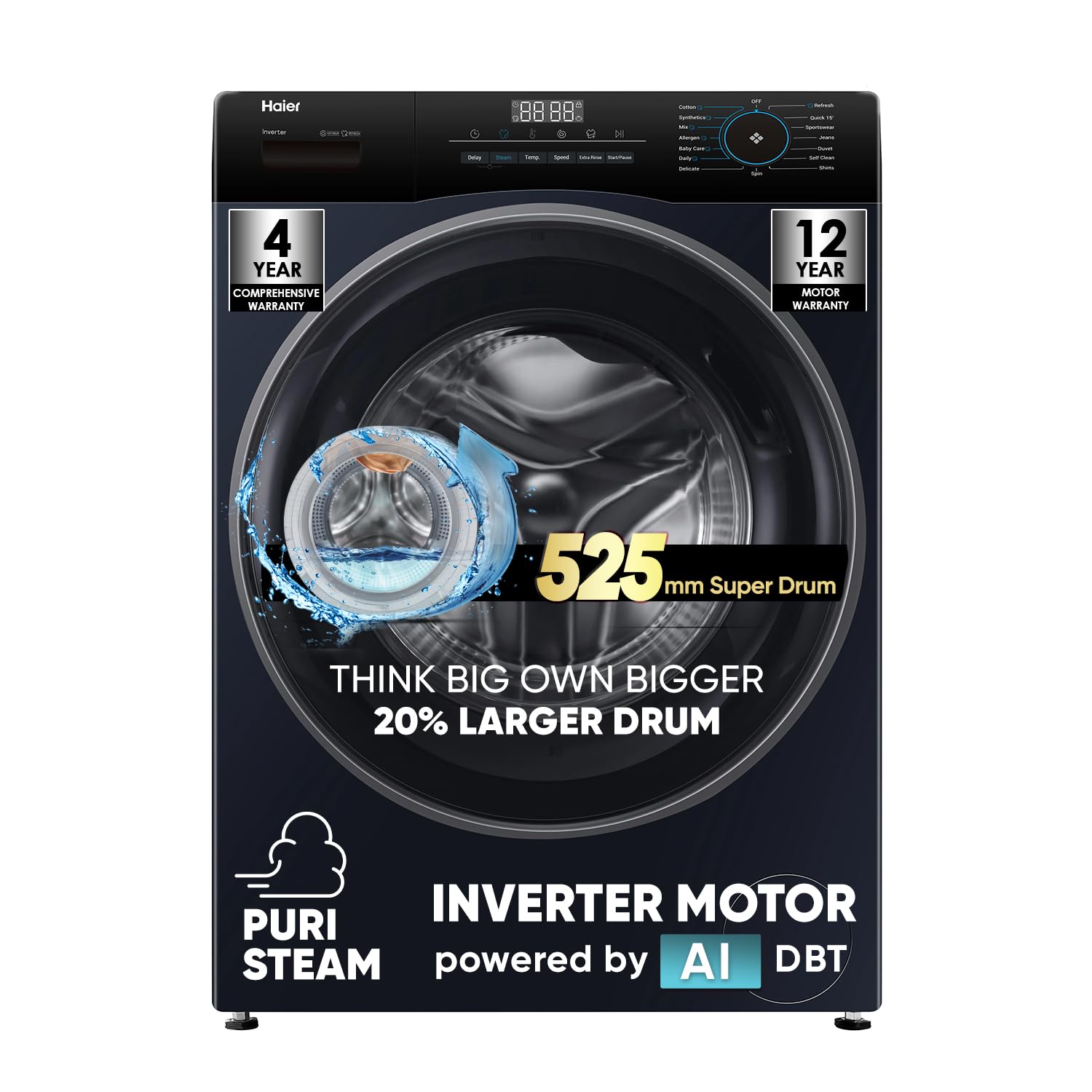 Haier 7 Kg 5 Star Powered by AI-DBT with PuriSteam, 525mm Super Drum Fully Automatic Front Load Washing Machine (HW70-IM12929BK, Inverter Motor with In-Built Heater, Black)