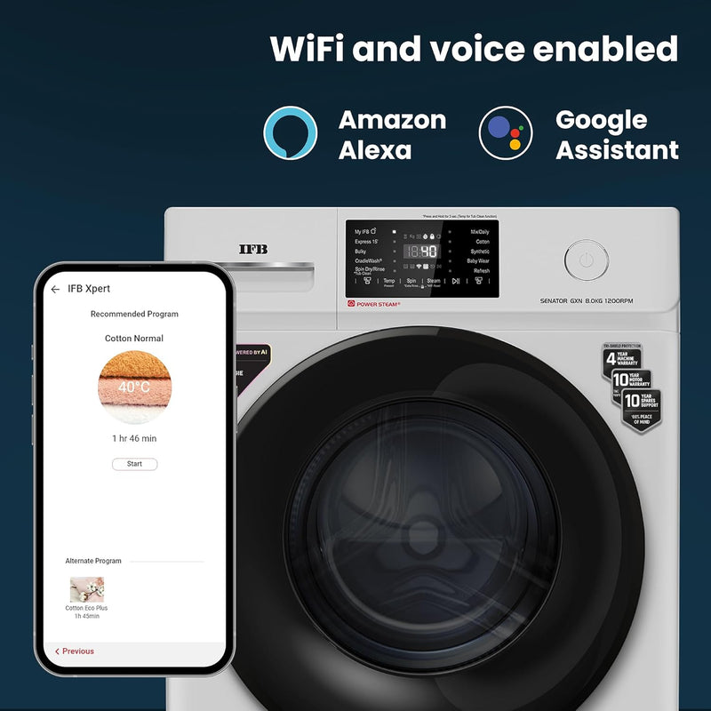IFB 8 kg 5 Star with Steam Refresh program, 9 Swirl Wash, Eco Inverter, Touch Panel with AI Fully Automatic Front Load Washing Machine with In-built Heater White SENATOR GXN 8012
