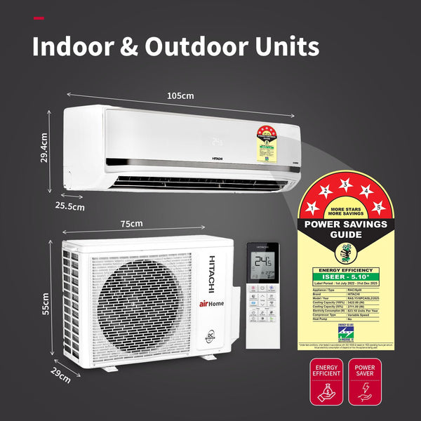 Hitachi 1.5 Ton Class 5 Star, Heavy Duty, Wifi-enabled, ice Clean, Xpandable+, Inverter Split AC (100% Copper, Dust Filter, 5700XXL RAS.Y518PCAISL2, White)